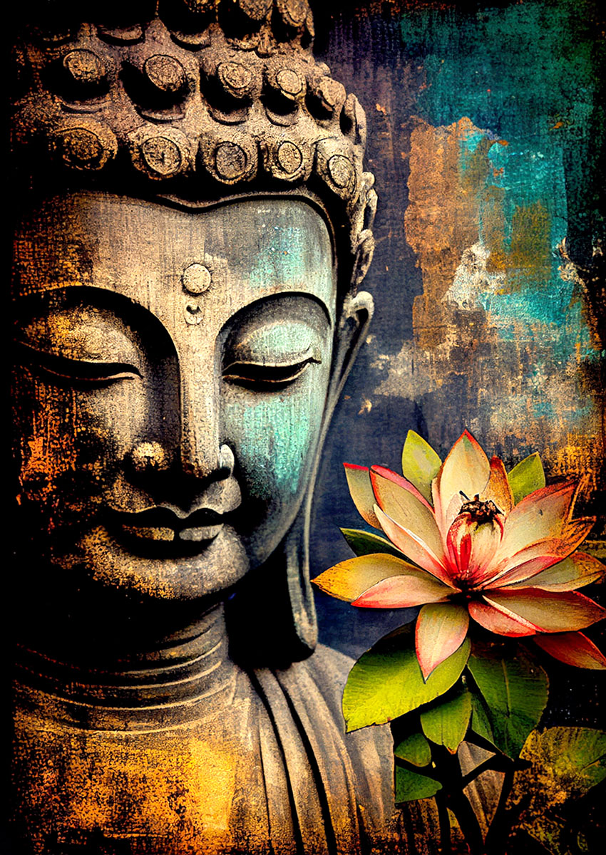 Tranquil artwork of a Buddha holding a lotus flower against a textured background.